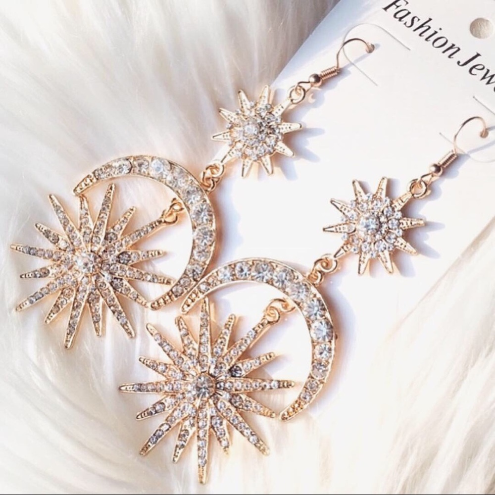 Crystal Sun and Moon Starburst Celestial Earrings - Picture 2 of 7